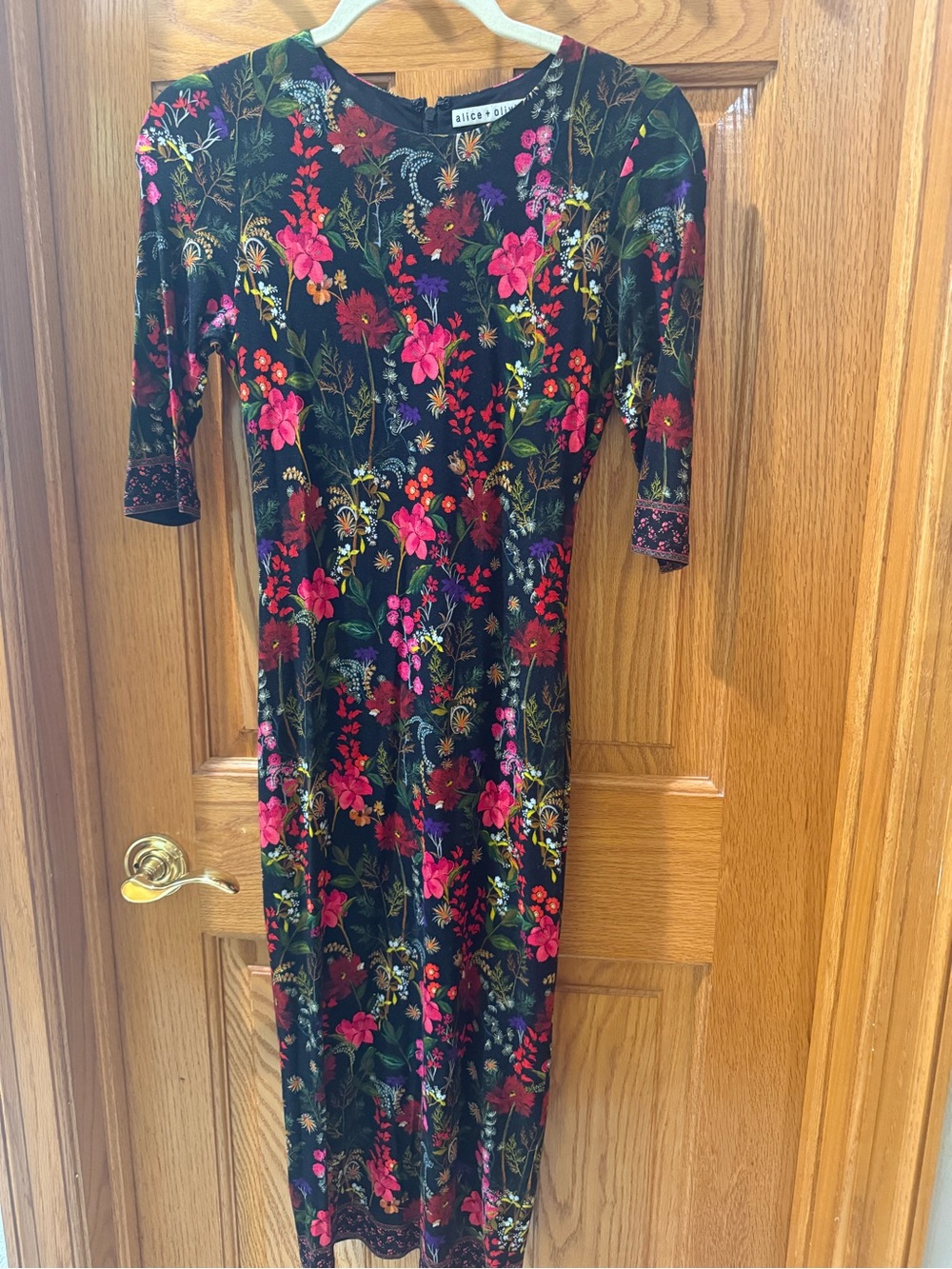 Alice + Olivia Black Floral Midi Dress with Pink & Green Bouquet